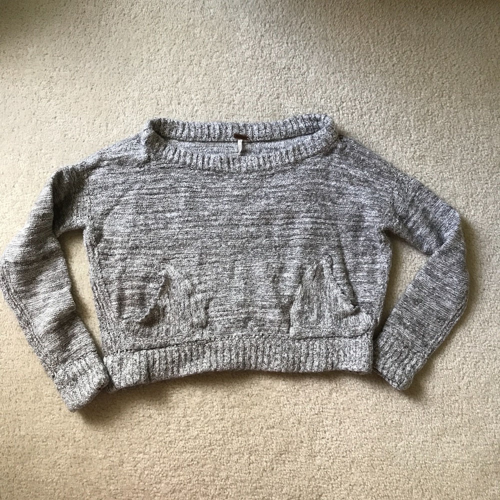 Free People Gray Crop Sweater Pockets Wide Neck